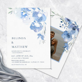Invitación Con Relieve Metalizado Acuarela Azul Flores Azules Boda Casual