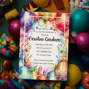 Invitación Con Relieve Metalizado Acuarela Balón de cumpleaños Colorido floral