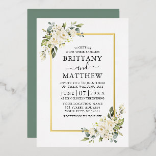 Invitación Con Relieve Metalizado Acuarela Blanca Floral Boda Verde Salvia Dorado