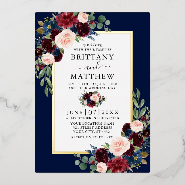 Invitación Con Relieve Metalizado Acuarela boda Azul Floral Azul Oro (Anverso)