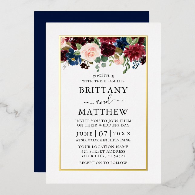 Invitación Con Relieve Metalizado Acuarela Boda floral mixto oro azul (Anverso/Reverso)