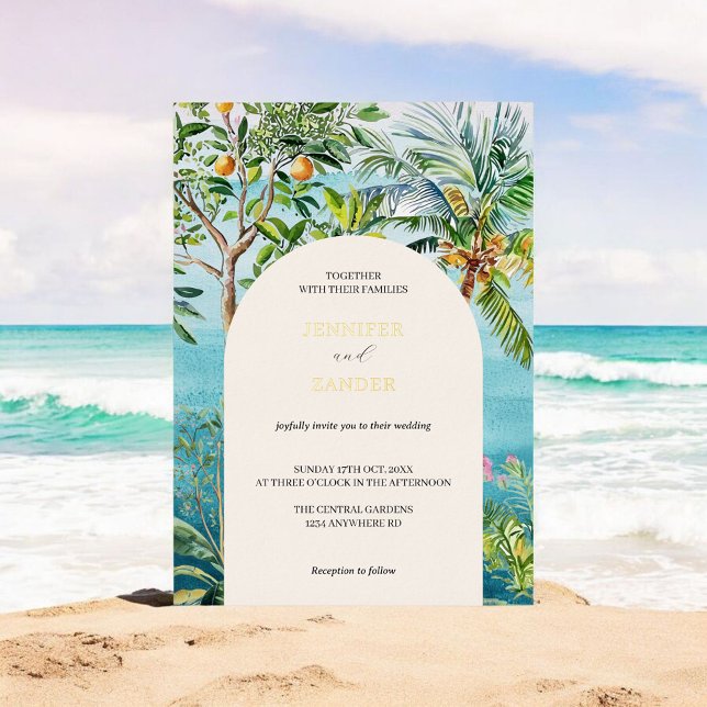 Invitación Con Relieve Metalizado Acuarela Boda Tropical Boho Playa Palmeras (Subido por el creador)