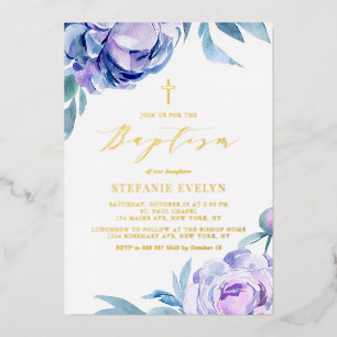 Invitación Con Relieve Metalizado Acuarela Botánica Flores de Peonía Violeta Bautizo