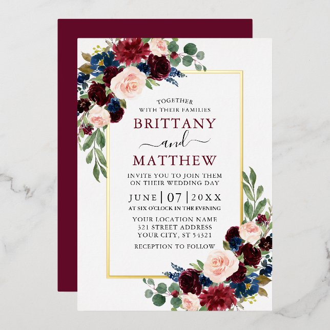 Invitación Con Relieve Metalizado Acuarela Burgundy Azul Rosa Boda Floral Oro (Anverso/Reverso)