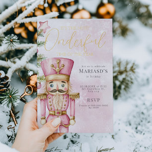 Invitación Con Relieve Metalizado Acuarela Cascanueces de Navidad rosa cumpleaños 1