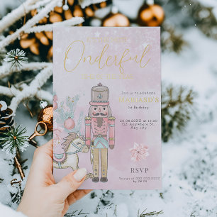 Invitación Con Relieve Metalizado Acuarela Cascanueces rosa cumpleaños 1 Navidad 