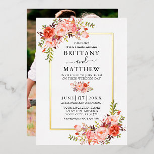 Invitación Con Relieve Metalizado Acuarela Coral Floral Foto Boda Dorado