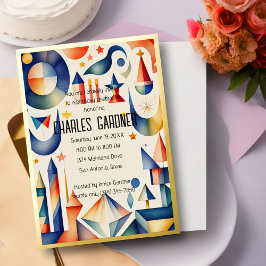 Invitación Con Relieve Metalizado Acuarela Cumpleaños Colorful Abstract Cubist