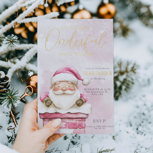 Invitación Con Relieve Metalizado acuarela Cumpleaños Pink Navidad Santa 1