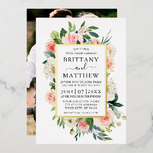 Invitación Con Relieve Metalizado Acuarela de boda rosa floral blanco foto oro