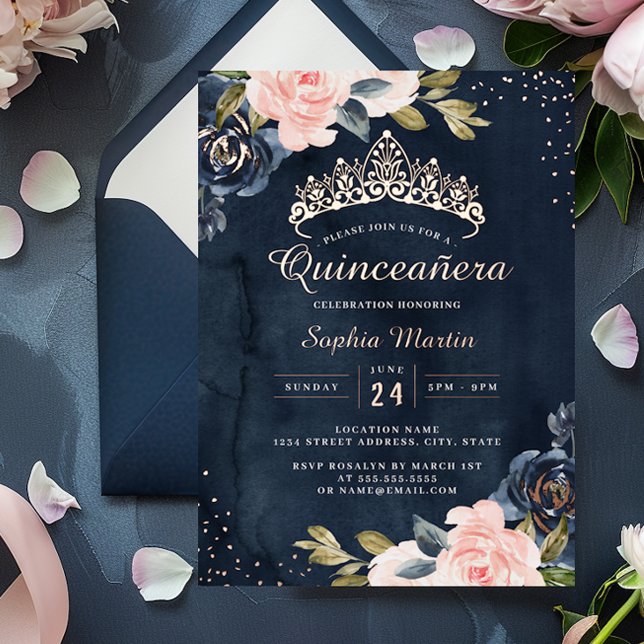 Invitación Con Relieve Metalizado Acuarela de oro Rosa de la marina Quinceanera (Subido por el creador)