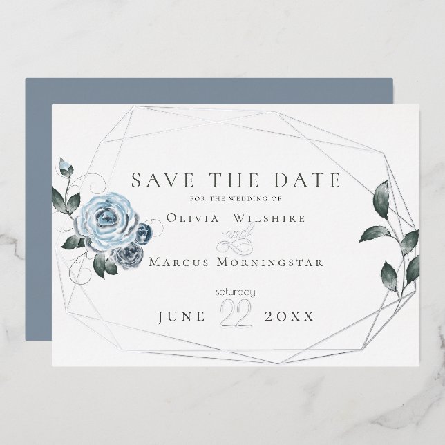 Invitación Con Relieve Metalizado Acuarela Dusty Floral Azul (Anverso/Reverso)