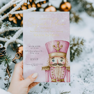 Invitación Con Relieve Metalizado acuarela Fiesta de Bebé Cascanueces Rosa Navidad