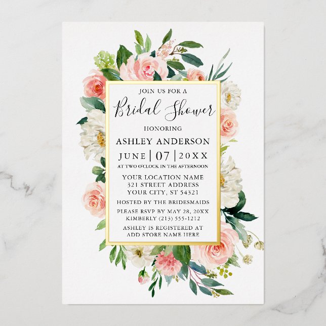 Invitación Con Relieve Metalizado Acuarela Floral blanca rosa ducha de novia dorada (Anverso)