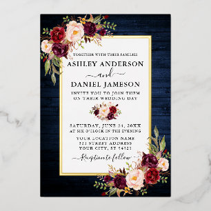 Invitación Con Relieve Metalizado Acuarela Floral Boda Azul Madera Oro