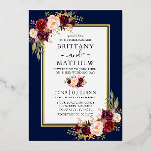 Invitación Con Relieve Metalizado Acuarela Floral Borgoña Azul 2 Marco Dorado