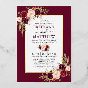 Invitación Con Relieve Metalizado Acuarela Floral Borgoña Boda Hoja de Oro