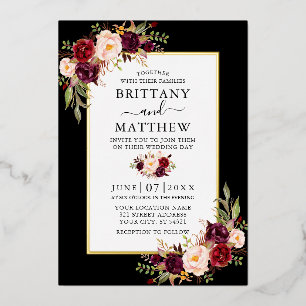 Invitación Con Relieve Metalizado Acuarela Floral Borgoña Boda Negro Dorado