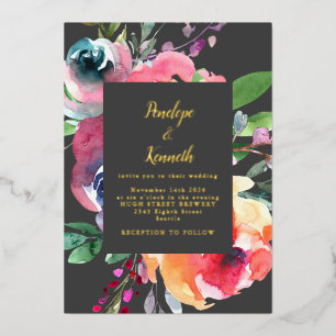 Invitación Con Relieve Metalizado Acuarela Floral Elegante Escritura de Lujo Boda Or