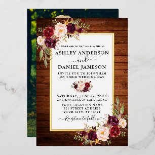 Invitación Con Relieve Metalizado Acuarela Floral Foto Madera Rústica Dorada