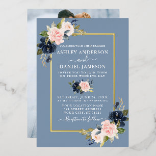 Invitación Con Relieve Metalizado Acuarela Floral Foto Rosa Azul Polvoriento Dorado