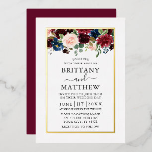Invitación Con Relieve Metalizado Acuarela Floral Mixto Boda Borgoña Dorado