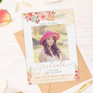 Invitación Con Relieve Metalizado Acuarela Floral Rosa Dorado Foto Graduación