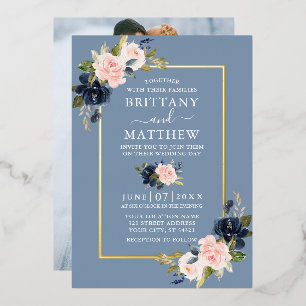 Invitación Con Relieve Metalizado Acuarela Floral rosa Dusty Azul Foto Oro