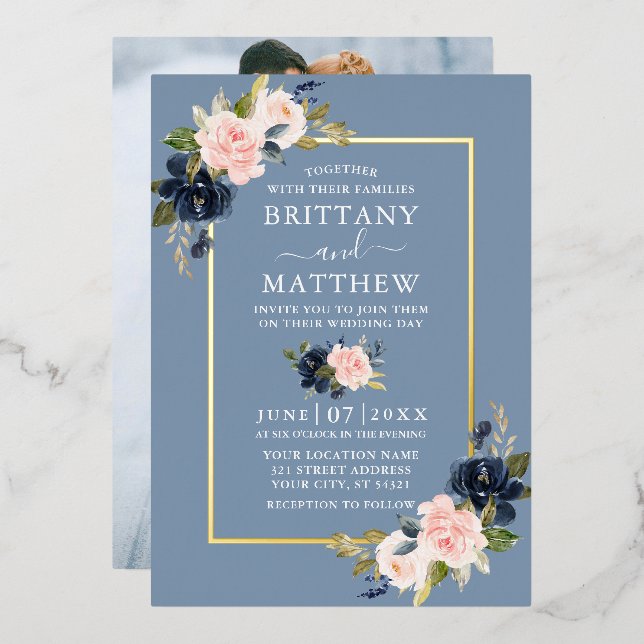 Invitación Con Relieve Metalizado Acuarela Floral rosa Dusty Azul Foto Oro (Anverso/Reverso)