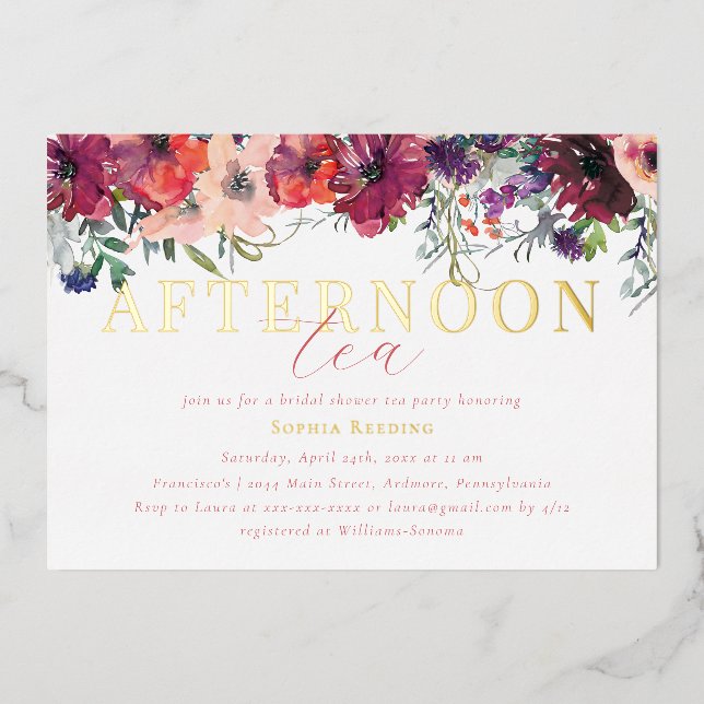 Invitación Con Relieve Metalizado Acuarela Floral Tarde Tea Bridal Ducha Oro (Anverso)