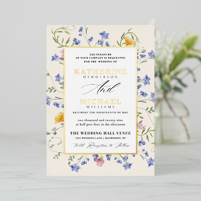 Invitación Con Relieve Metalizado Acuarela Flores de la sombra Detalles del Boda RSV (Anverso de pie)