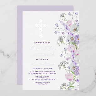 Invitación Con Relieve Metalizado Acuarela Flores Lilac Primera Comunión