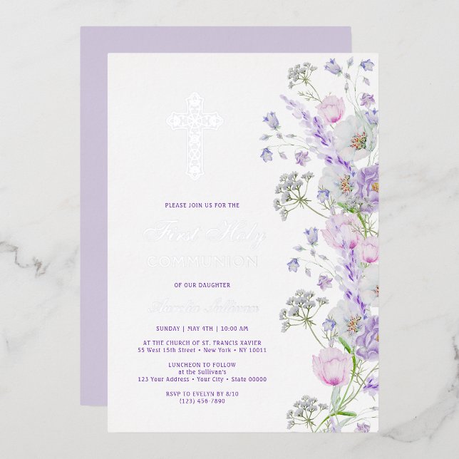 Invitación Con Relieve Metalizado Acuarela Flores Lilac Primera Comunión (Anverso/Reverso)