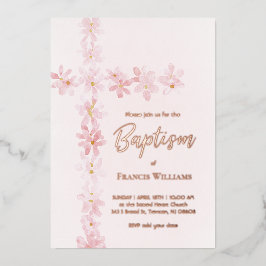 Invitación Con Relieve Metalizado acuarela flores rosadas cruza Bautismo