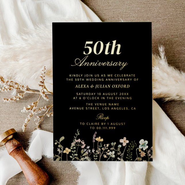 Invitación Con Relieve Metalizado Acuarela Flores silvestres Boda negro (Subido por el creador)