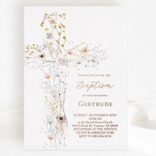 Invitación Con Relieve Metalizado acuarela flores silvestres cruzan el bautismo Invi