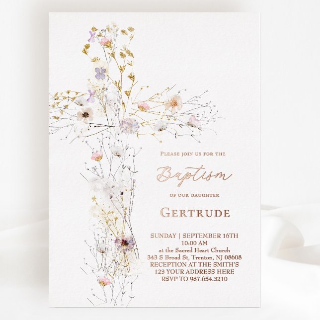 Invitación Con Relieve Metalizado acuarela flores silvestres cruzan el bautismo Invi (Subido por el creador)