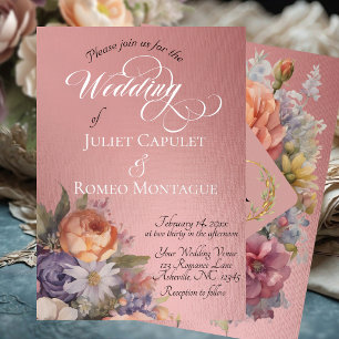 Invitación Con Relieve Metalizado Acuarela Flores Silvestres - Rosa Dorado