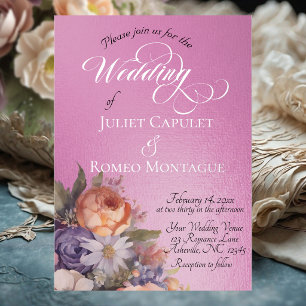 Invitación Con Relieve Metalizado Acuarela Flores Silvestres - Rosa Pink