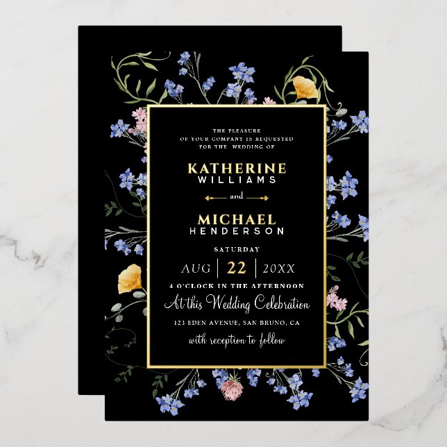 Invitación Con Relieve Metalizado Acuarela Flores silvestres rusas pradera Boda (Anverso/Reverso)