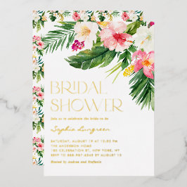Invitación Con Relieve Metalizado Acuarela Flores tropicales Ducha Nodal Veraniega