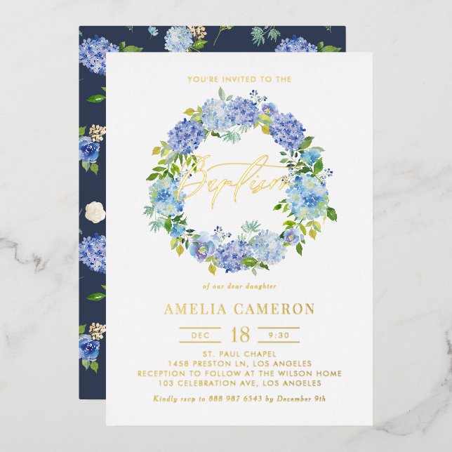 Invitación Con Relieve Metalizado Acuarela Hidrangea Azul Flores Bautismo de flor (Anverso/Reverso)