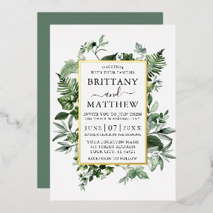 Invitación Con Relieve Metalizado Acuarela Hiedra Helechos Verde Salvia Boda Oro