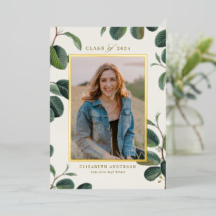 Invitación Con Relieve Metalizado Acuarela Hojas Botánicas Graduación de Foto Beige