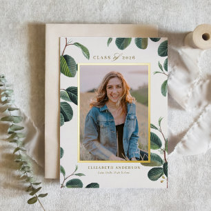 Invitación Con Relieve Metalizado Acuarela Hojas Botánicas Graduación de Foto Beige