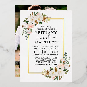 Invitación Con Relieve Metalizado Acuarela Magnolias Rosas Foto Boda Dorado