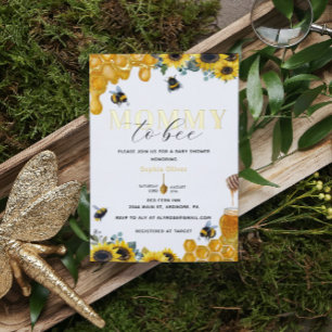 Invitación Con Relieve Metalizado Acuarela Mami Abeja Baby Shower Dorado