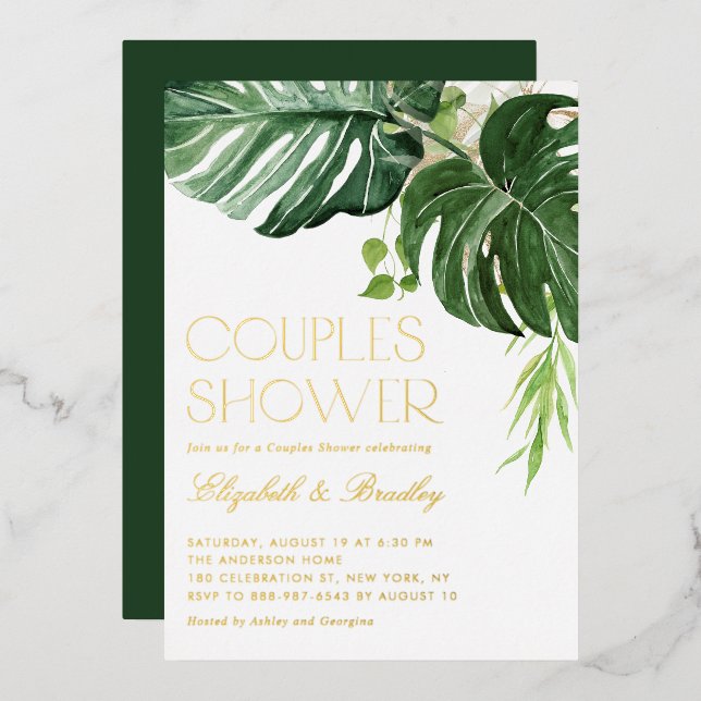 Invitación Con Relieve Metalizado Acuarela Monstera Deja Ducha De Parejas Tropicales (Anverso/Reverso)