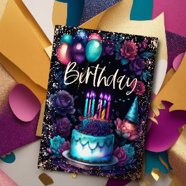 Invitación Con Relieve Metalizado Acuarela Nacimiento Marina Azul Morado Turquesa