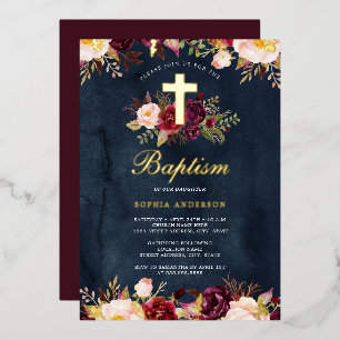 Invitación Con Relieve Metalizado Acuarela Naval Oro Borgoña Floral Bautizo